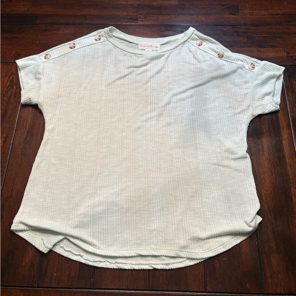 French Laundry Mint Green and White Button-Shoulder Tee Size 1X